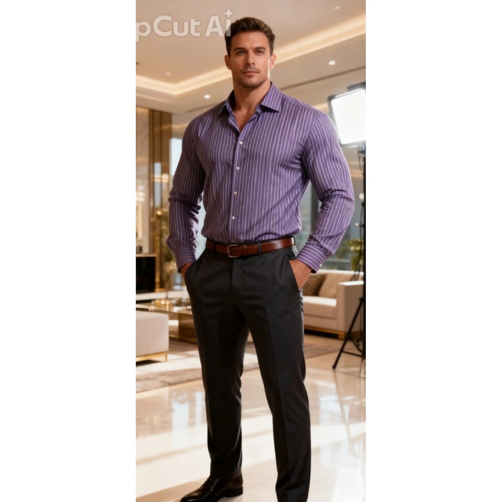 Façonnable Club Men's Purple/White Striped Cotton Dress Shirt 16 32/33